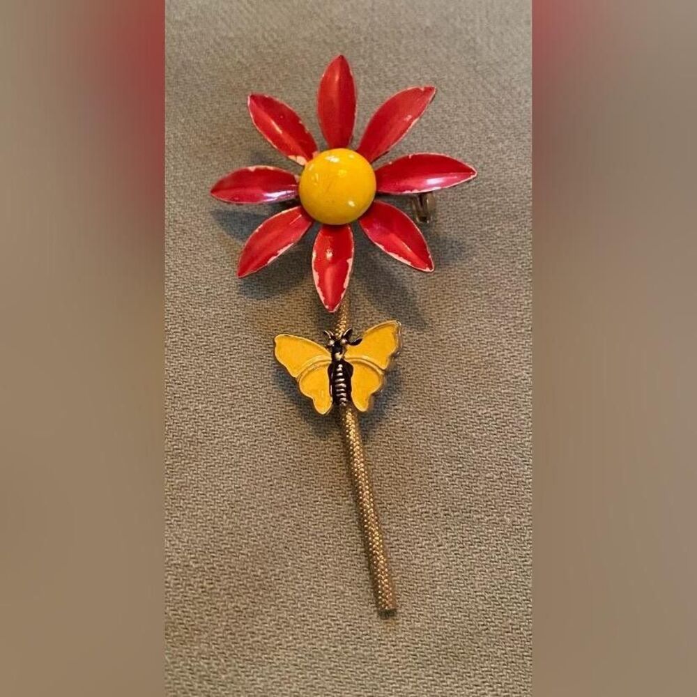 Vintage Red Yellow Enamel Flower Butterfly Brooch Pin Gold Tone 2.5" Costume